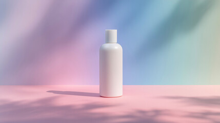 シンプルな白ボトルとパステルカラー背景、夏の爽やかな演出（美容・コスメ・デジタル・ファンシー）