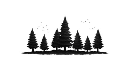 Obraz premium Pine Trees Silhouette with Birds Flying in a Minimalist Design