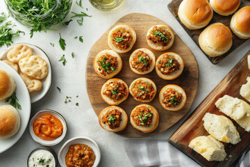 Variety of rolls and dips on table.