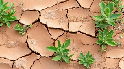 Cracked earth with sparse vegetation. Small, green plants growing through deep fissures in arid, terracotta-colored soil