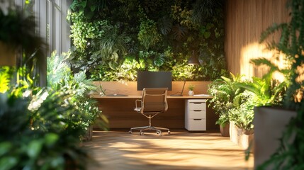 A modern office with a large wall of plants and a desk with a computer