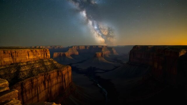 A breathtaking panorama of a rugged canyon bathed in the soft light of dusk, with the Milky Way galaxy arching across the vibrant night sky.