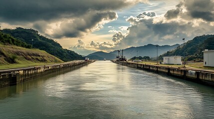 Obraz premium Panama Canal: Serene Sunset View, Dramatic Cloudscape, Tranquil Waters