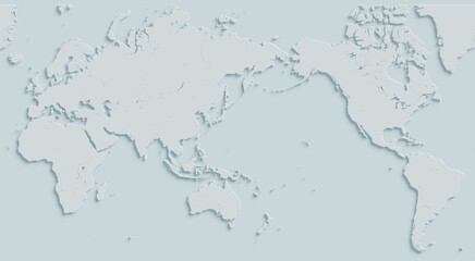 A white, three-dimensional world map. The composition is centered on the Pacific Ocean.