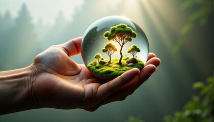 Hand holding glass ball with mini forest inside. Mental health concept