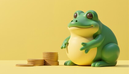 Frog piggy bank sits on a pile of coins yellow background with space for text