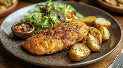 A fried fish fillet served on a warm plate with a side of roasted potatoes and a fresh garden salad