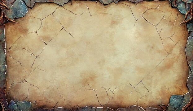 Aged parchment, stone-framed background.  Cracked, textured paper with a weathered stone border