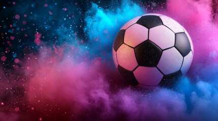 Fototapeta premium Atop a black background, a vibrant cloud of powdered hues supports a soccer ball