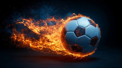 Fototapeta premium The image depicts a soccer ball with a black and white design on a black background, overlaid with orange and yellow splatters of paint
