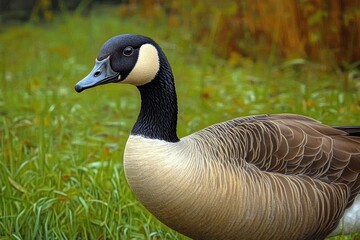 Obraz premium close-up of a calm canada goose standing on green grass with detailed feathers and a soft natural background