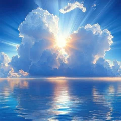Bright sun partially hidden behind large fluffy clouds over calm reflective ocean water, creating radiant beams of light spreading through blue sky © Rgrd