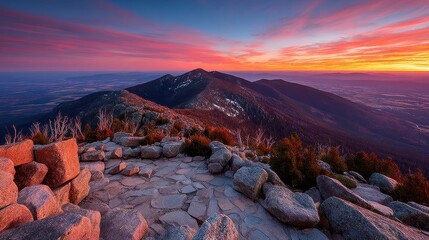 Obraz premium Serene Sunset Over Rocky Highlands During Warm Haze in the Evening Sky