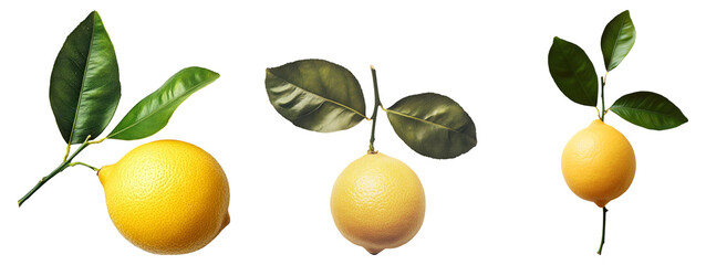 Obraz premium Isolated Fresh Lemons with Green Leaves on Transparent Background