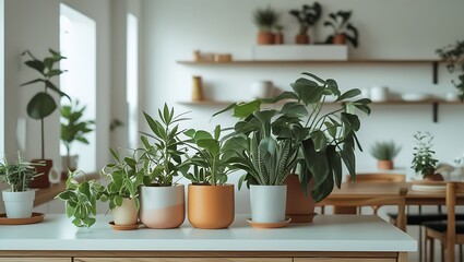 Assortment of various potted houseplants displayed on a kitchen countertop for modern decor.
