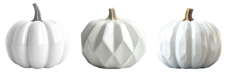 Three Unique White Pumpkins Isolated on Transparent Background