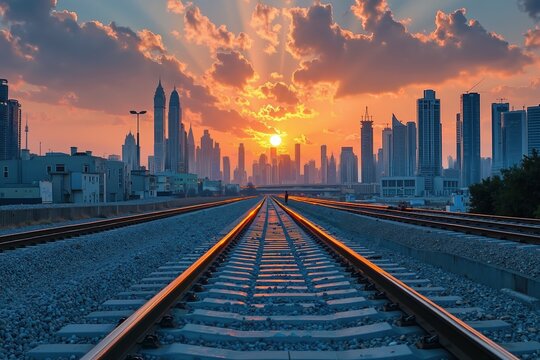 Urban railroad tracks leading to a vibrant city skyline at sunset with dramatic clouds