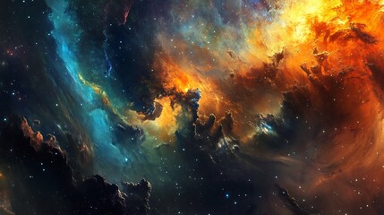 Fototapeta premium Cosmic Nebula: Fiery Orange and Teal Cloudscape