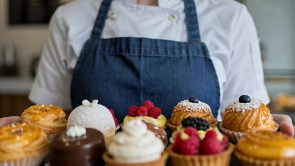 Smiling woman baker in an apron proudly holds a tray of assorted fresh pastries and desserts in her bakery, representing small business and culinary arts in the hospitality sector