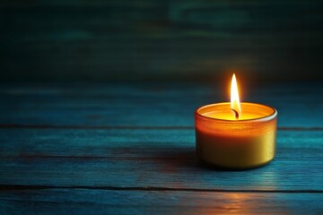 Illuminated Candle on Rustic Teal Wooden Surface Peaceful Atmosphere Burning Candlelight