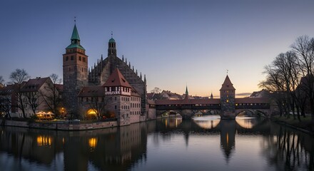 Obraz premium River View of Medieval Architecture with Bridge at Dusk