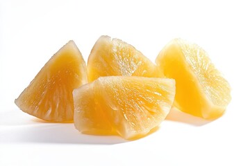 Three golden pineapple chunks, glistening, isolated