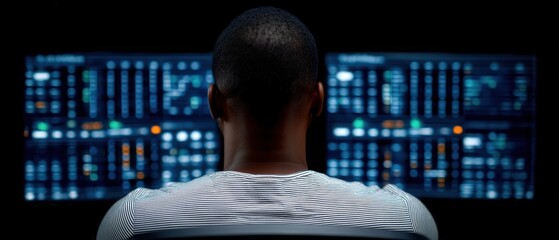 A focused individual analyzing complex data visualizations on dual monitors, immersed in the digital world of analytics and technology exhibiting high-level computational insight