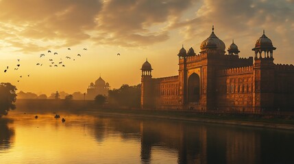 Naklejka premium Golden Hour at Agra's Majestic Gate: Serene Sunset Landscape