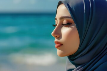 Young woman in hijab enjoying the ocean breeze during a sunny beach day