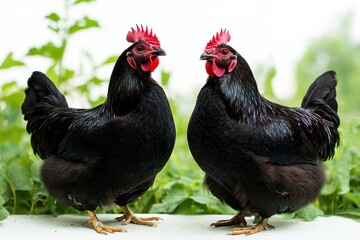 Fototapeta premium Two black hens standing together in a lush garden during daylight hours
