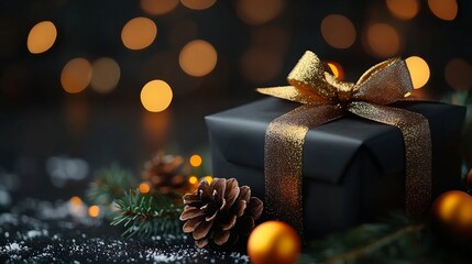 A black gift box is adorned with a pine cone on its bottom and another pine cone resting above it