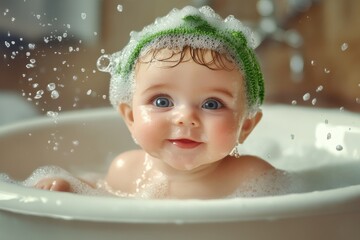 Baby enjoying a bubbly bath in a white tub with playful water splashes in a cozy bathroom setting