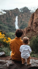 Naklejka premium Father and child enjoying a scenic view of a waterfall and lush landscape during a cloudy afternoon in nature