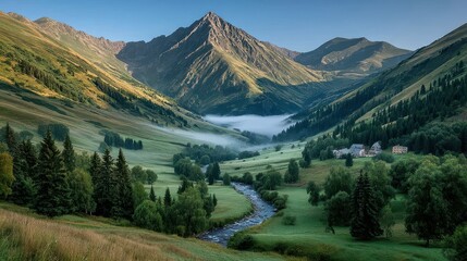 Serene Sunrise Over Majestic Mountains in Wilderness with Misty Valley and River