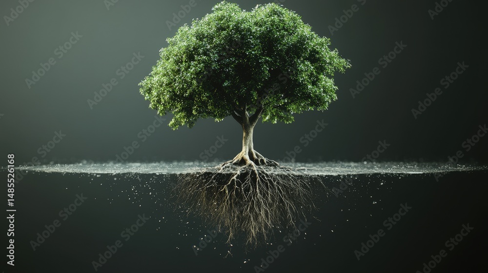Poster create a dreamlike tree with roots that dissolve into floating particles, fully isolated