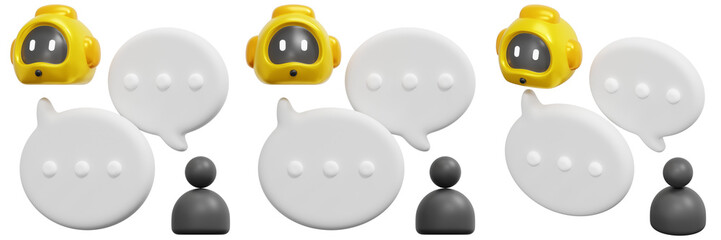 Set of Yellow Chatbots and Gray Users Communicating Through Speech Bubbles 3d Render Icon Illustration