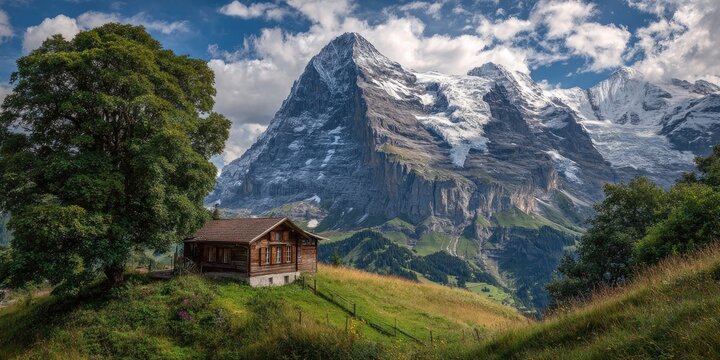 Alpine Chalet nestled in a valley, snow-capped peaks