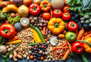 Vibrant rainbow of fresh fruits, vegetables, legumes, nuts & seeds ,  tasty,  bowl