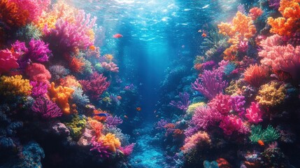Fototapeta premium Vibrant coral reef teeming with colorful fish. Sunlight streams through the water, illuminating the diverse corals