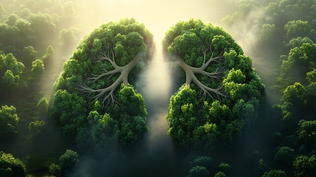 Green lungs of planet earth growing in forest at sunrise