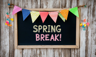 Festive Spring Break Announcement on Chalkboard with Colorful Bunting