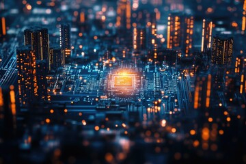 Urban digital circuit. A futuristic city built on a motherboard