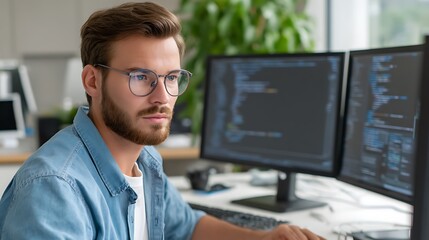 A focused programmer working on coding on the screen.