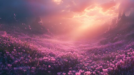 Naklejka premium Create a magical scene of a flower field at dawn, covered in morning mist with soft rays of sunlight peeking through.