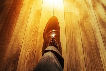 Brown leather shoe on wooden floor, sunlight