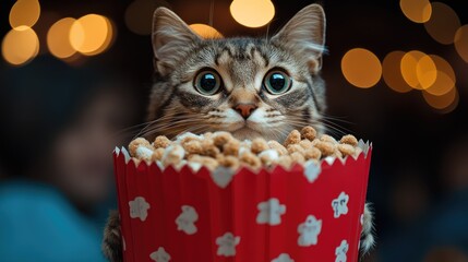 Cute Cat Watching Movie with Popcorn.