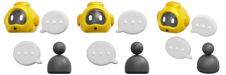 Set of Yellow and Grey Chatbots with Speech Bubbles Digital Communication 3d Render Icon Illustration