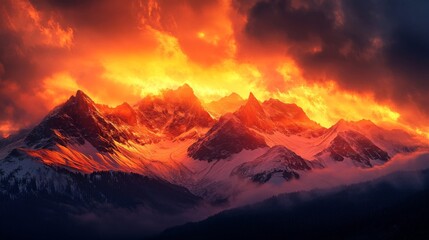 Fiery Sunset Over Snow Covered Mountains
