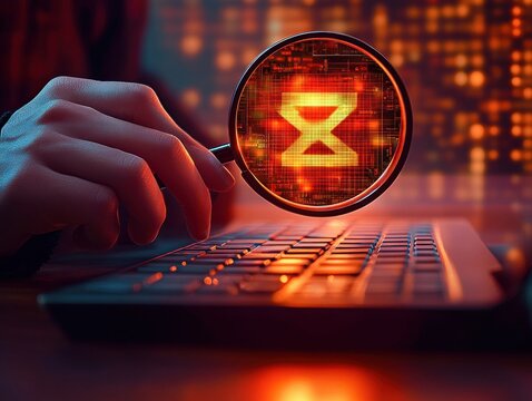 Hand holding magnifying glass over laptop keyboard focusing on digital hourglass symbol representing time or loading