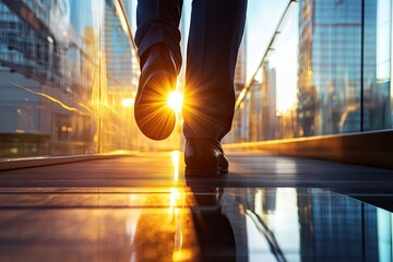 Businessman strides forward on a city walkway at sunset, sun rays illuminating his feet